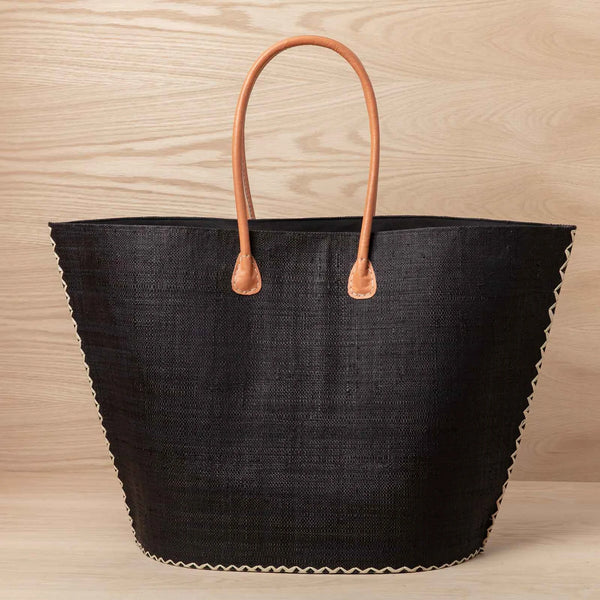 Rockflowerpaper - Raffia Black Tote w/ Leather Handle