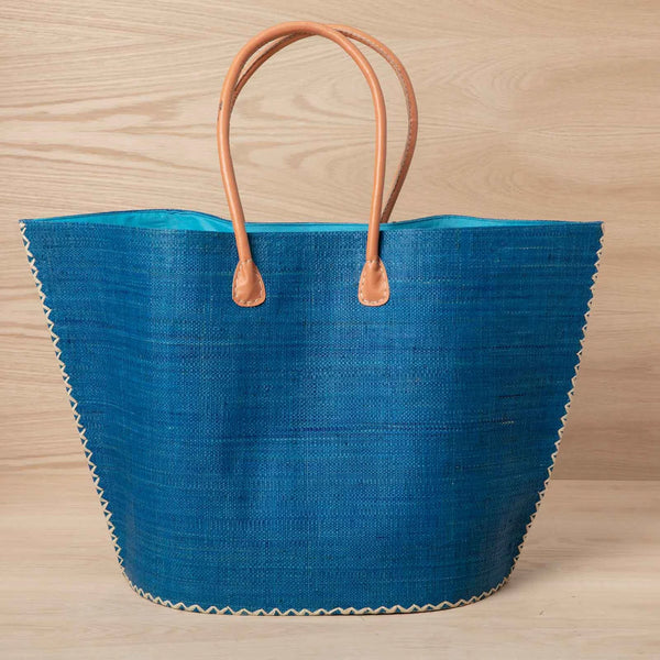 Rockflowerpaper - Raffia Turquoise Tote w/ Leather Handle